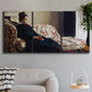 Three-panel canvas wall art featuring woman resting on sofa indoors, displayed in a modern living room above a sofa.