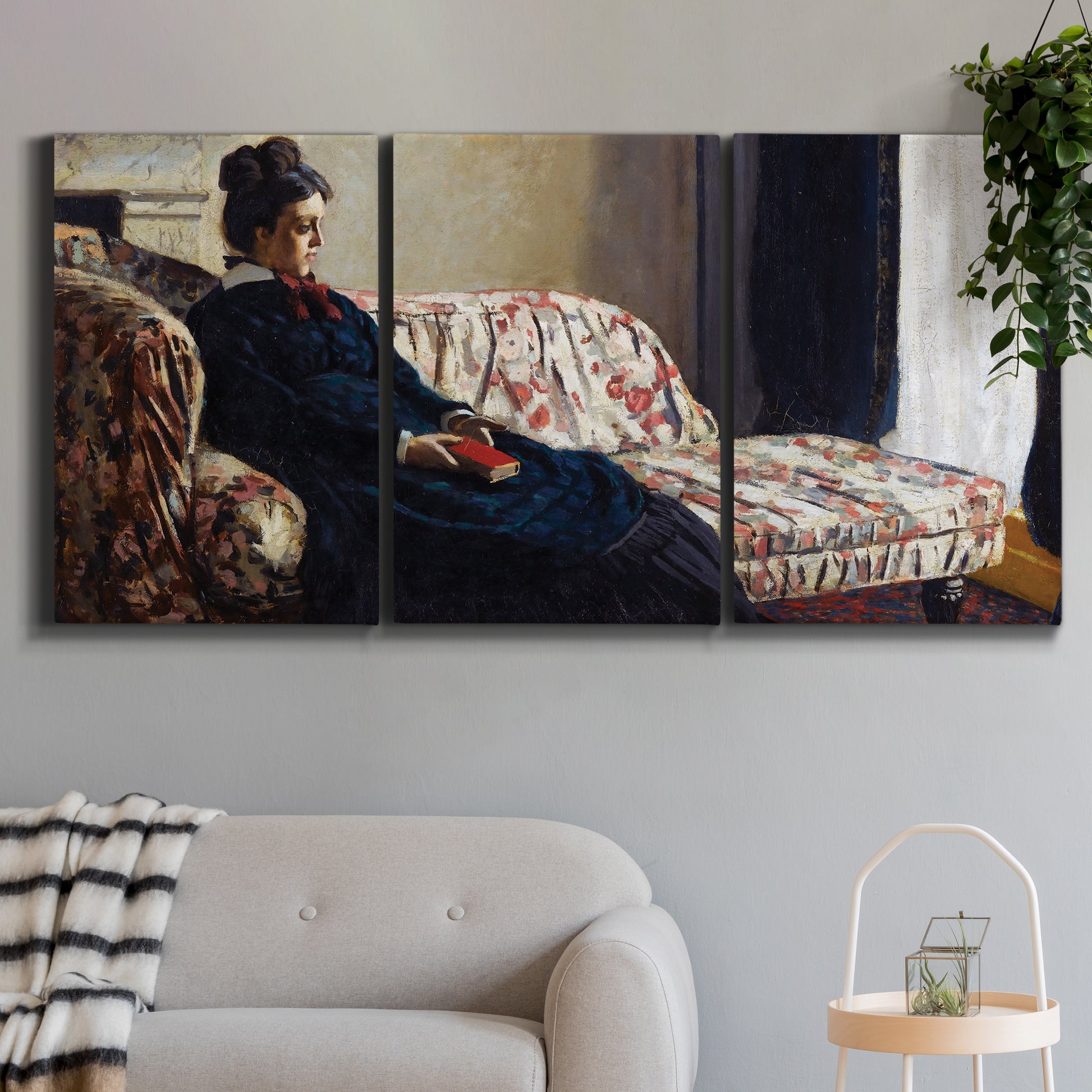 Three-panel canvas wall art featuring woman resting on sofa indoors, displayed in a modern living room above a sofa.