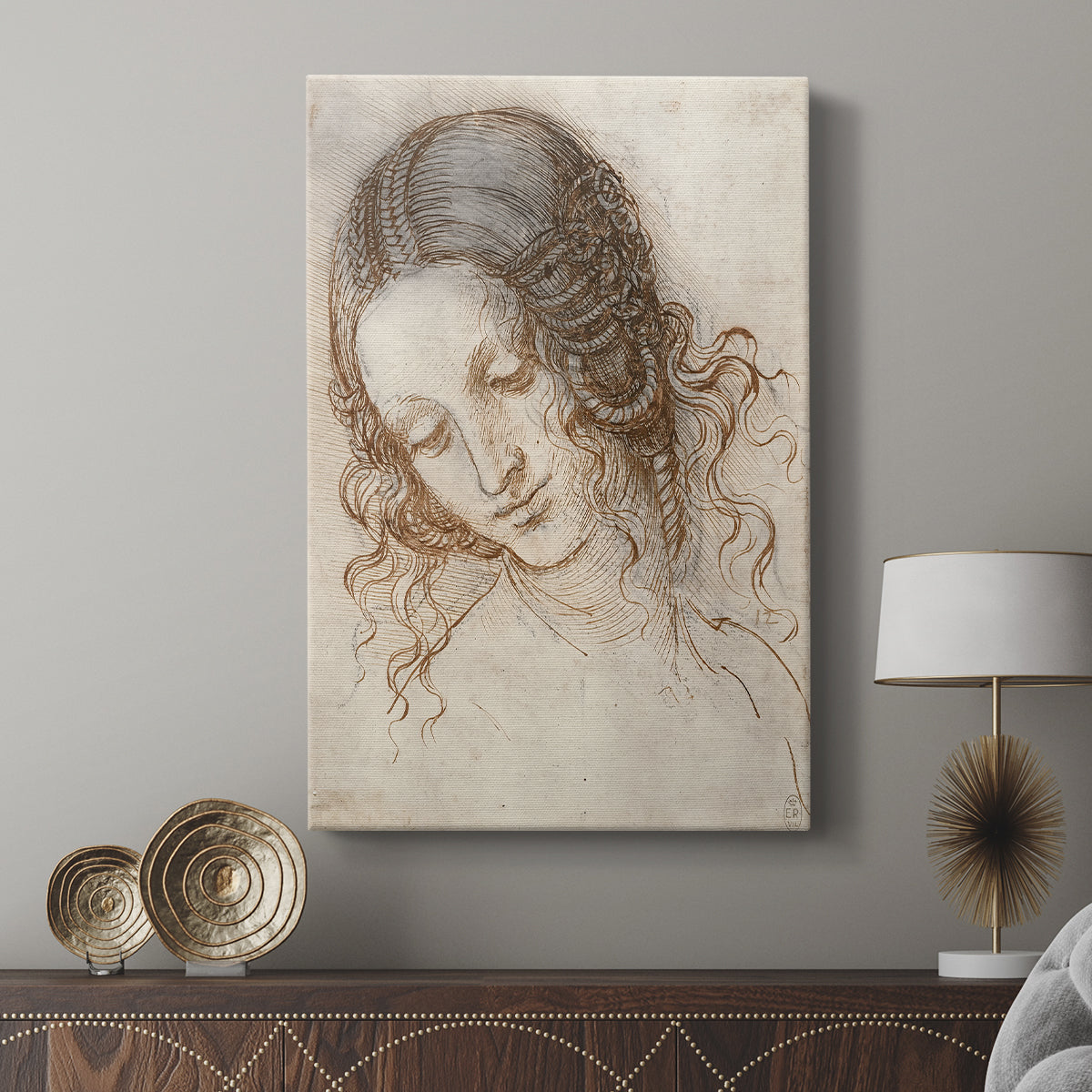 Canvas art print featuring a classical study with subtle expression and smooth lines displayed in a modern interior space.