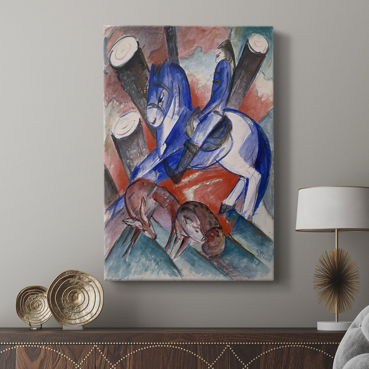 Canvas art print featuring an abstract scene with animals rendered in geometric style displayed in a modern interior space.