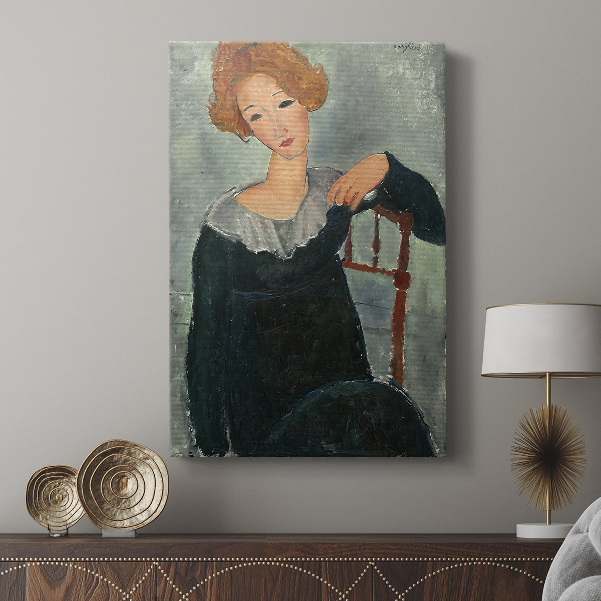 Canvas art print featuring a modernist figure with a long neck and minimal detail displayed in a modern interior space.