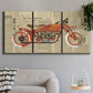 Three-panel canvas wall art featuring vintage red vehicle collage detail, displayed in a modern living room above a sofa.