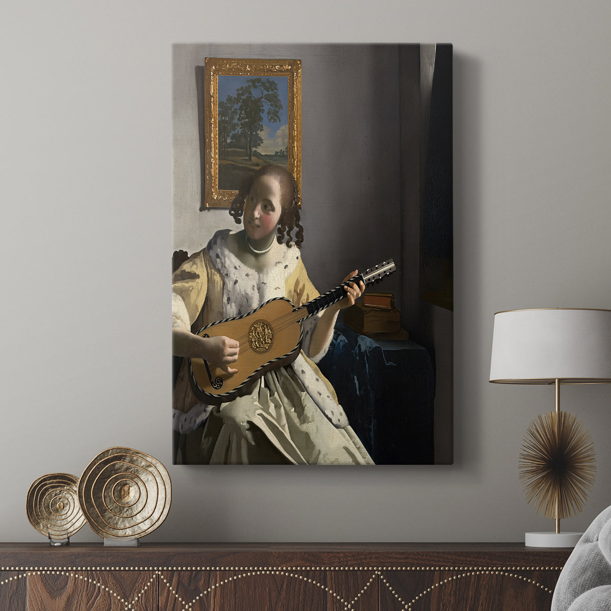 Canvas art print featuring a calm composition with instrument and gentle light displayed in a modern interior space.