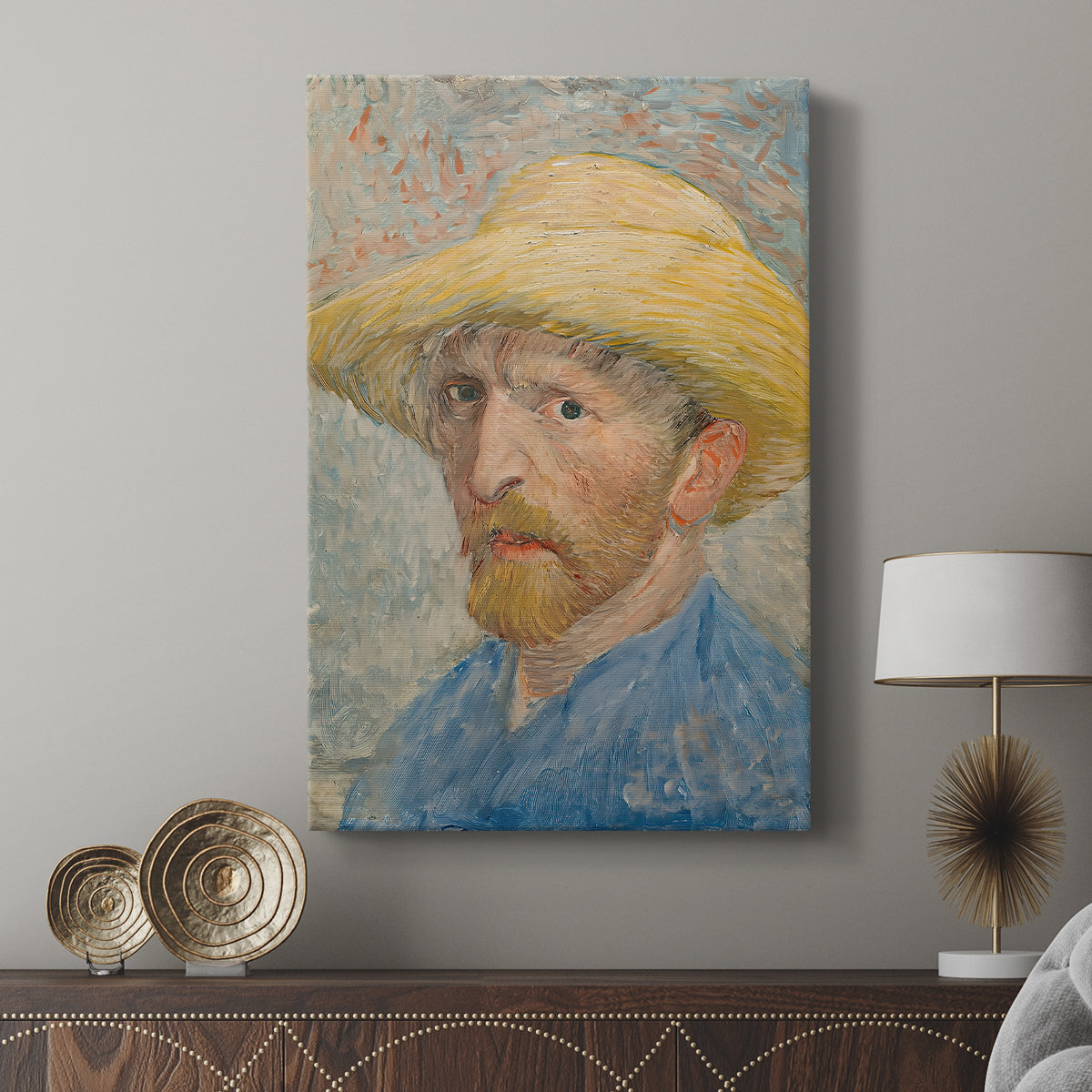 Canvas art print featuring a stylized portrait with visible texture and strong contrast displayed in a modern interior space.