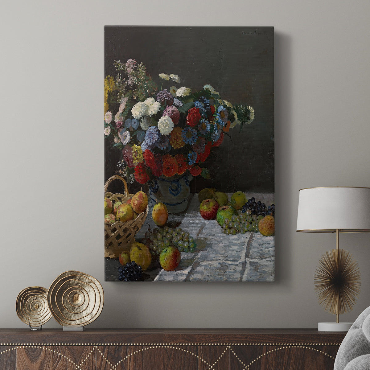 Canvas art print featuring a classic still life with layered textures and gentle light displayed in a modern interior space.
