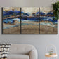 Three-panel canvas wall art featuring abstract coastal jewel toned composition, displayed in a modern living room above a sofa.
