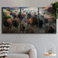 Three-panel canvas wall art featuring stormy canyon landscape with animals, displayed in a modern living room above a sofa.