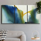 Three-panel canvas wall art featuring soft abstract mask like forms, displayed in a modern living room above a sofa.