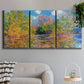 Three-panel canvas wall art featuring wide river landscape, displayed in a modern living room above a sofa.