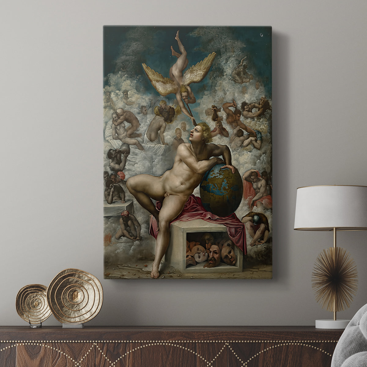Canvas art print featuring a classical image with muscular forms and balanced design displayed in a modern interior space.