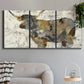 Three-panel canvas wall art featuring farm animal portrait in rustic setting, displayed in a modern living room above a sofa.