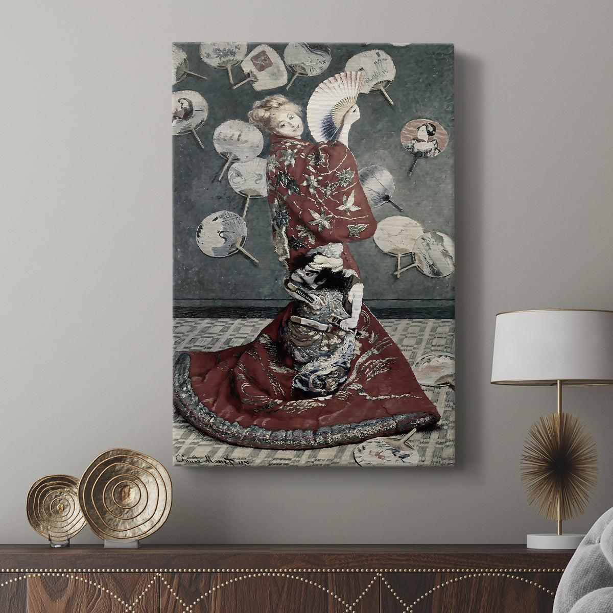Canvas art print featuring a stylized portrait with vibrant tones and cultural motifs displayed in a modern interior space.