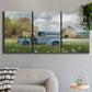 Three-panel canvas wall art featuring vintage blue truck with flower load, displayed in a modern living room above a sofa.