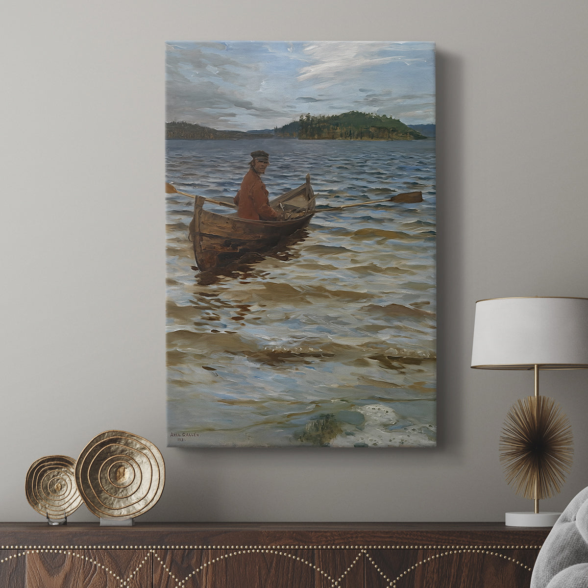 Canvas art print featuring a quiet maritime scene with a boat nearing land under soft light displayed in a modern interior space.