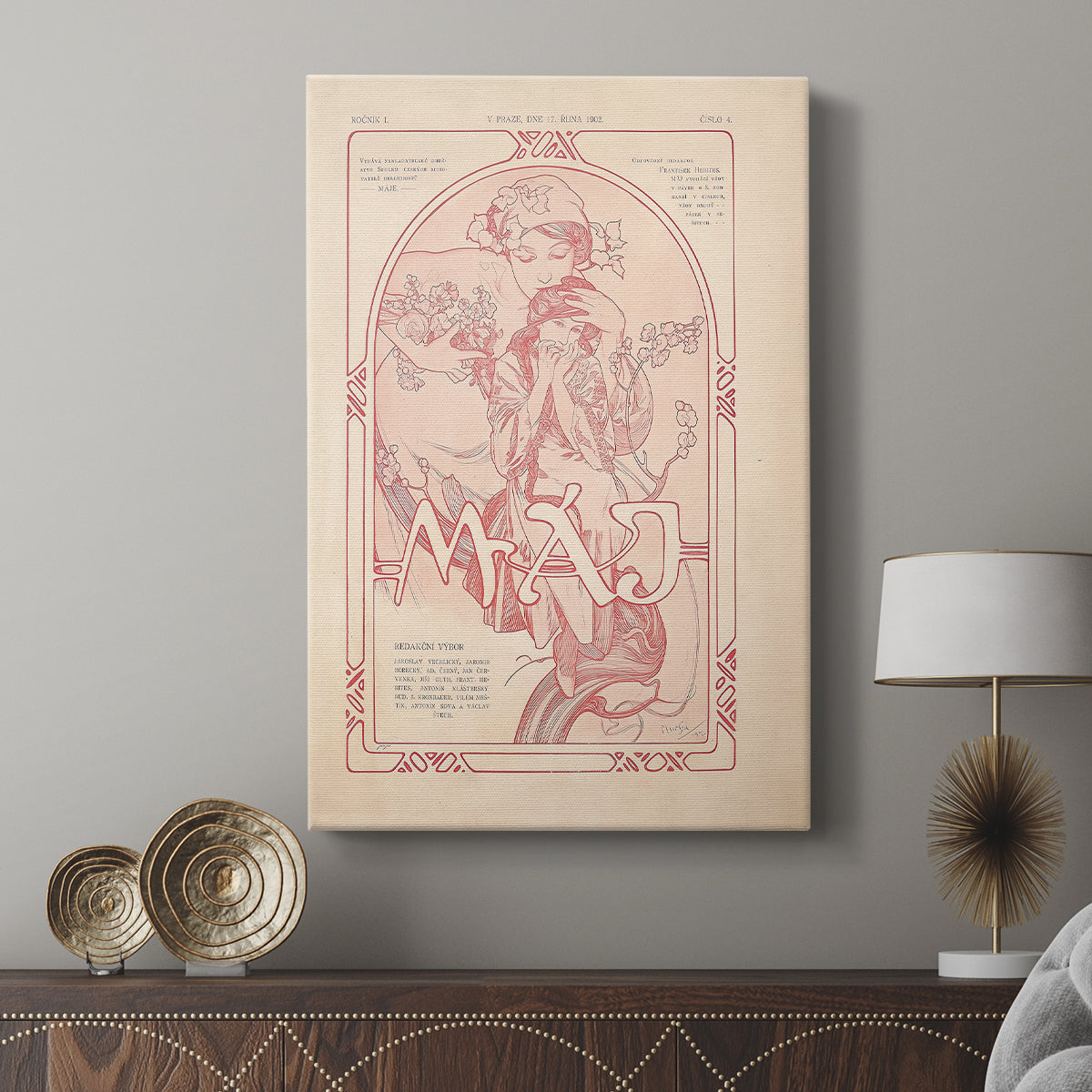 Canvas art print featuring a decorative portrait with seasonal theme and flowing lines displayed in a modern interior space.