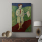 Canvas art print featuring a stylized figure with simple forms and vivid palette displayed in a modern interior space.