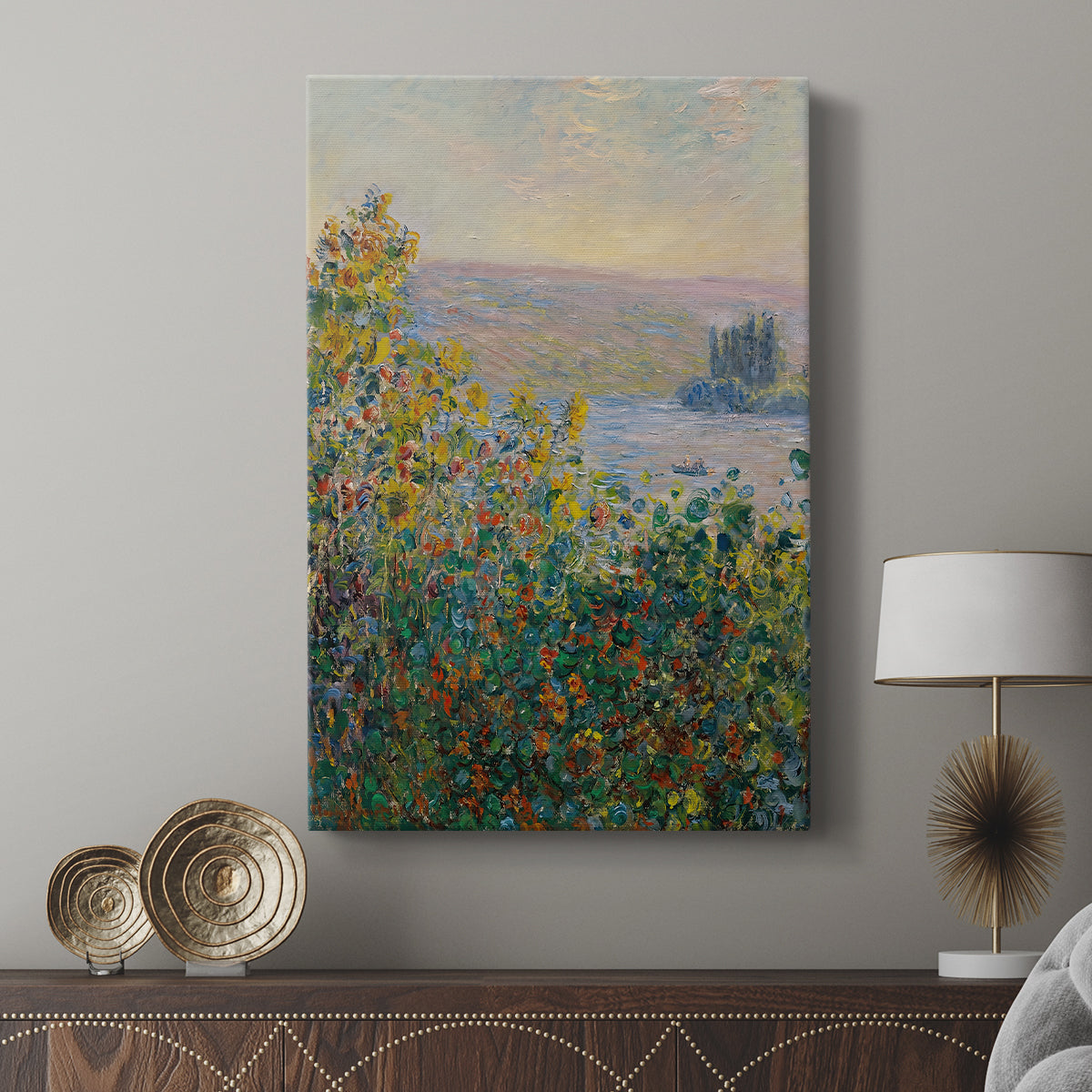 Canvas art print featuring a garden view with layered blooms and natural textures displayed in a modern interior space.