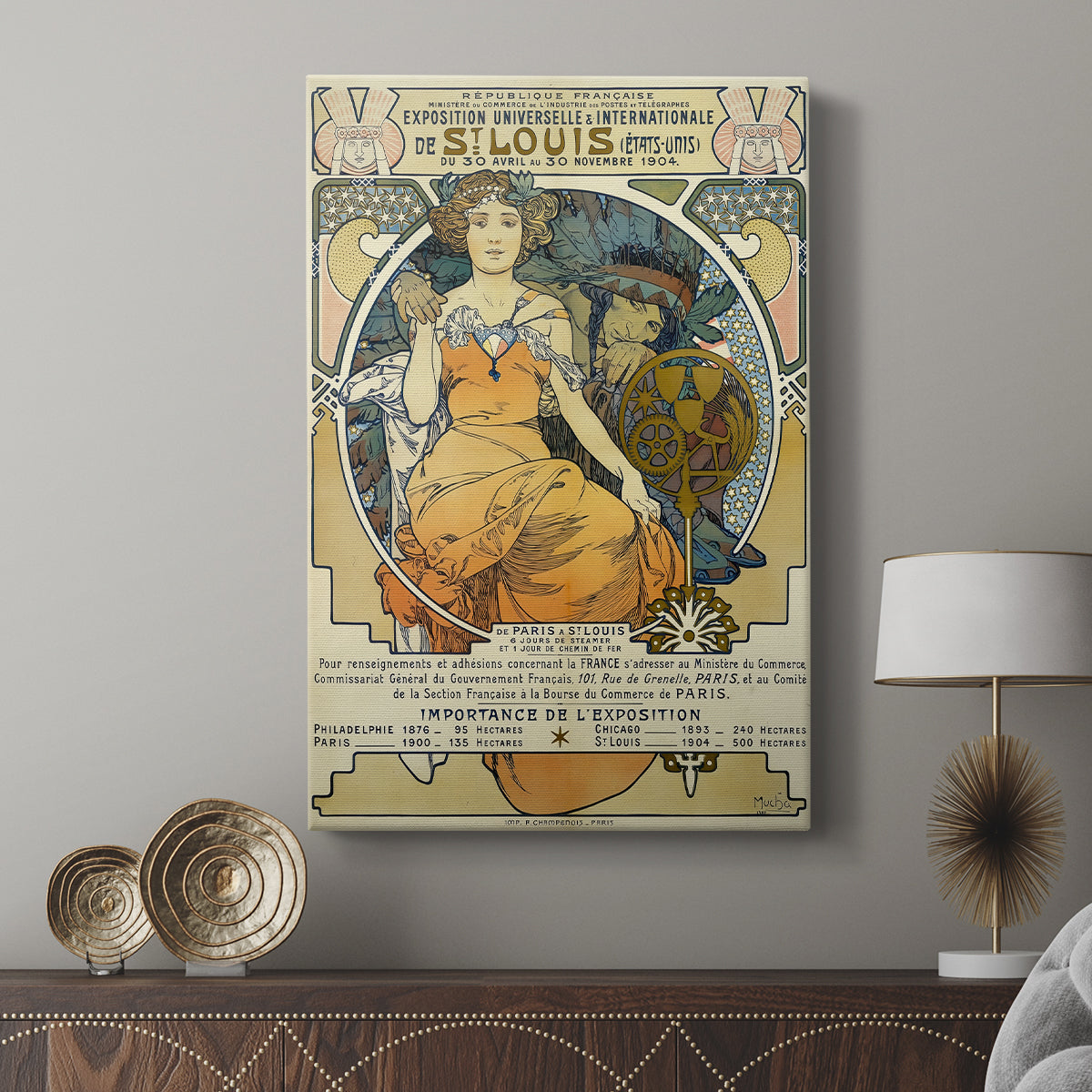 Canvas art print featuring a decorative poster with flowing lines and elegant composition displayed in a modern interior space.
