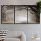 Three-panel canvas wall art featuring tree lined plantation road, displayed in a modern living room above a sofa.