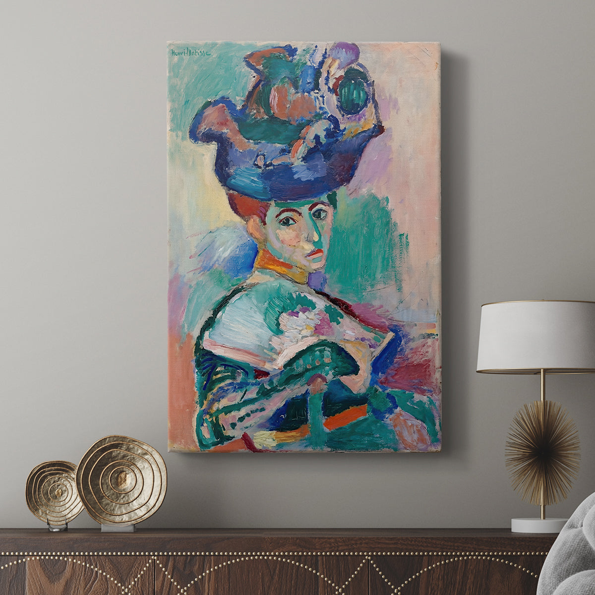 Canvas art print featuring a modern portrait with exaggerated color and texture displayed in a modern interior space.