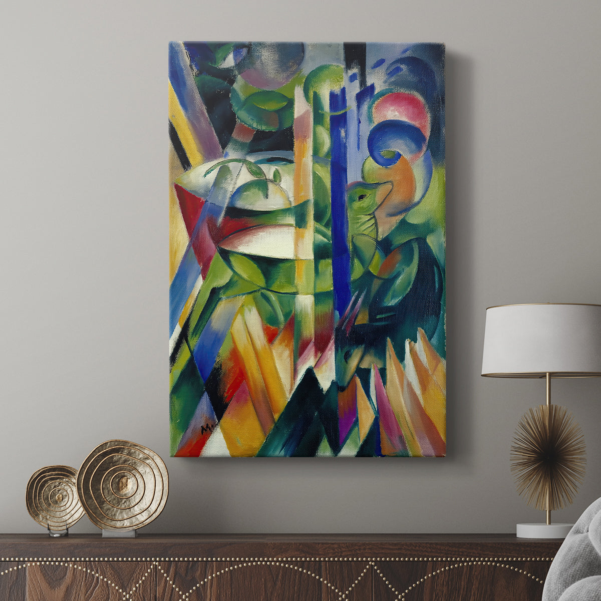 Canvas art print featuring a vivid landscape with goats and geometric forms displayed in a modern interior space.