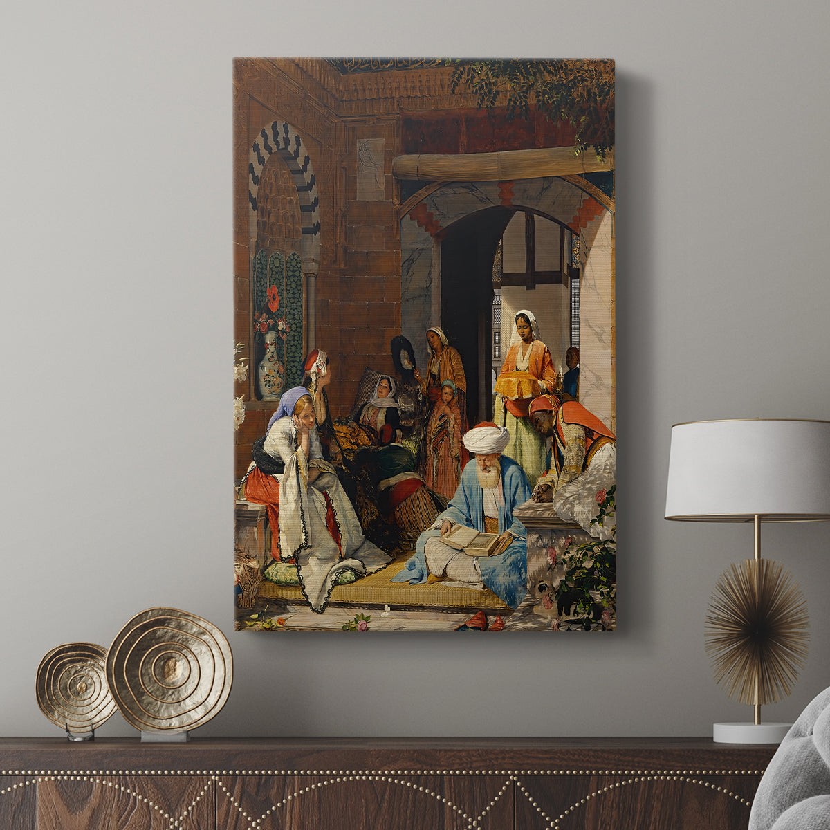 Canvas art print featuring a quiet composition with multiple figures in a traditional interior displayed in a modern interior space.