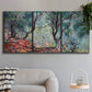 Three-panel canvas wall art featuring olive trees in sunlit garden, displayed in a modern living room above a sofa.