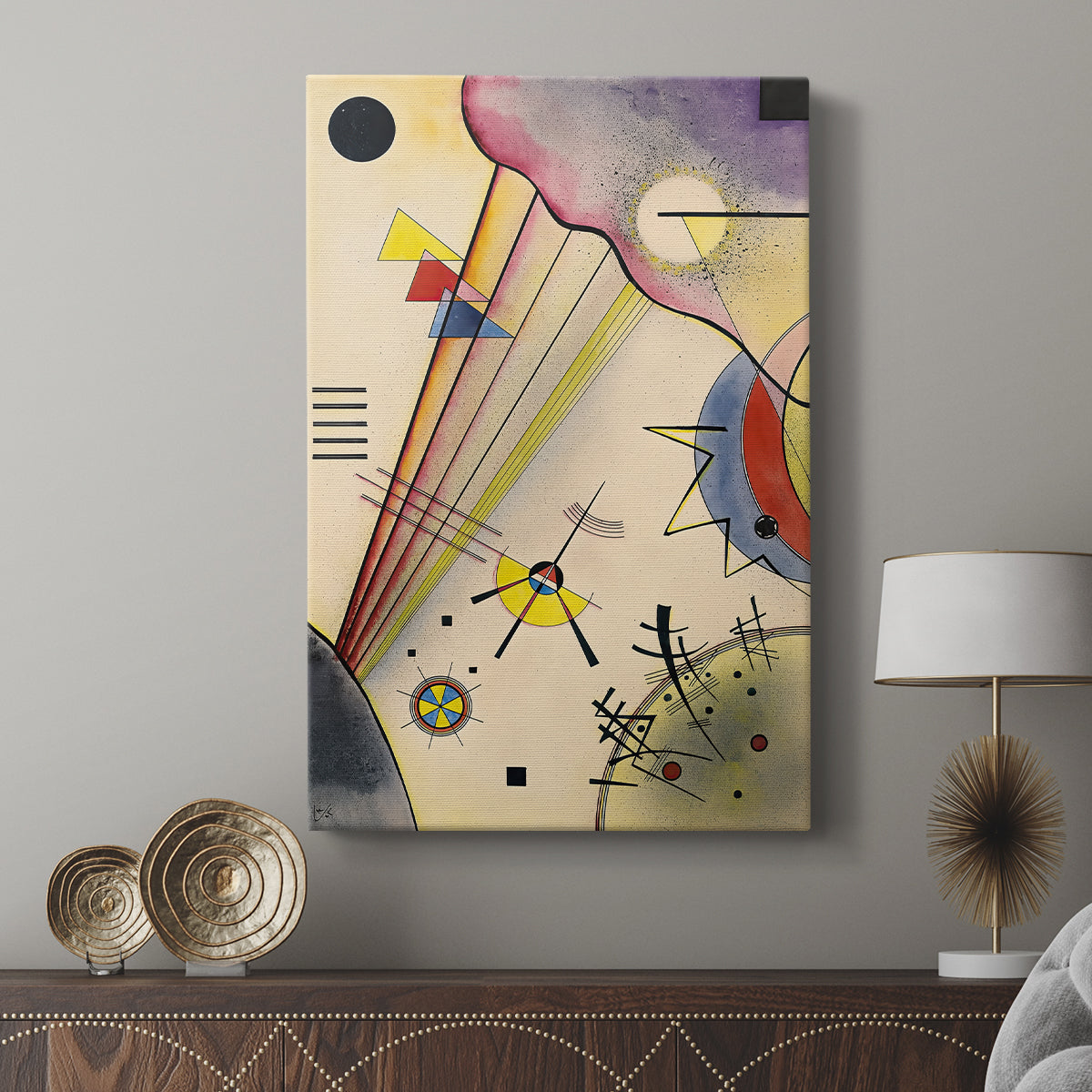 Canvas art print featuring a stylized composition with bold forms and minimal detail displayed in a modern interior space.