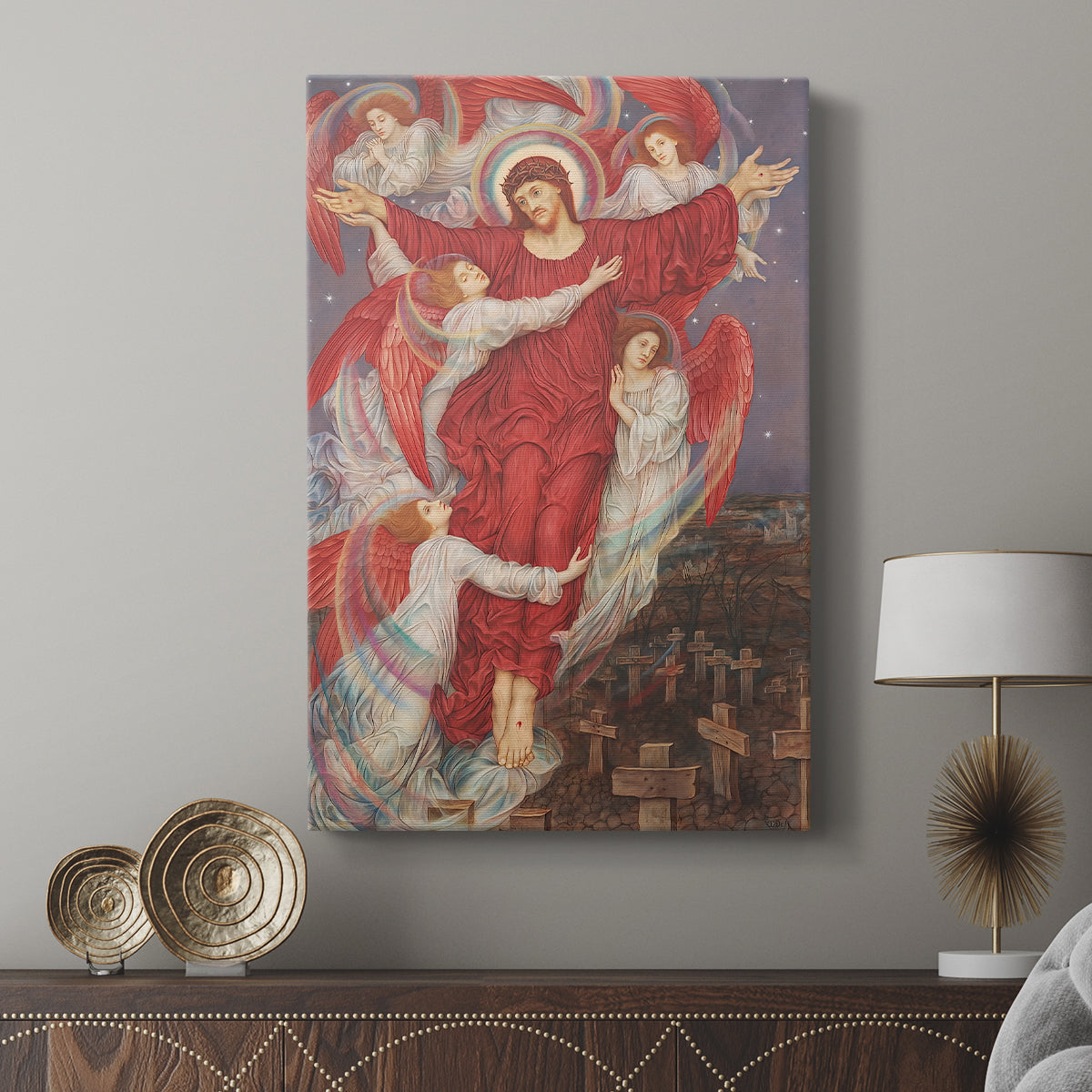 Canvas art print featuring a spiritual allegory with contrasting tones and figures displayed in a modern interior space.