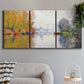 Three-panel canvas wall art featuring golden autumn light over riverside, displayed in a modern living room above a sofa.