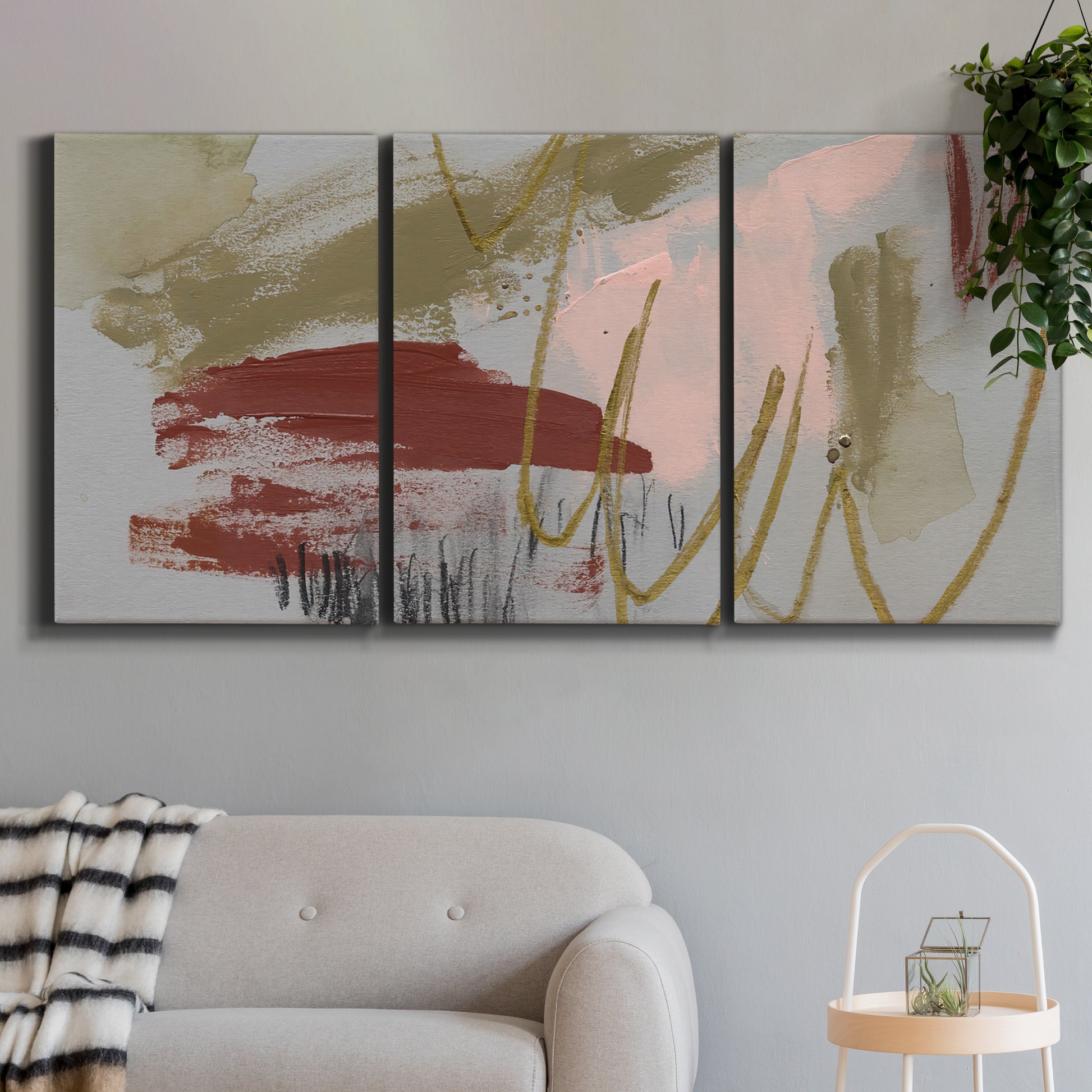 Three-panel canvas wall art featuring minimalist abstract line textures, displayed in a modern living room above a sofa.