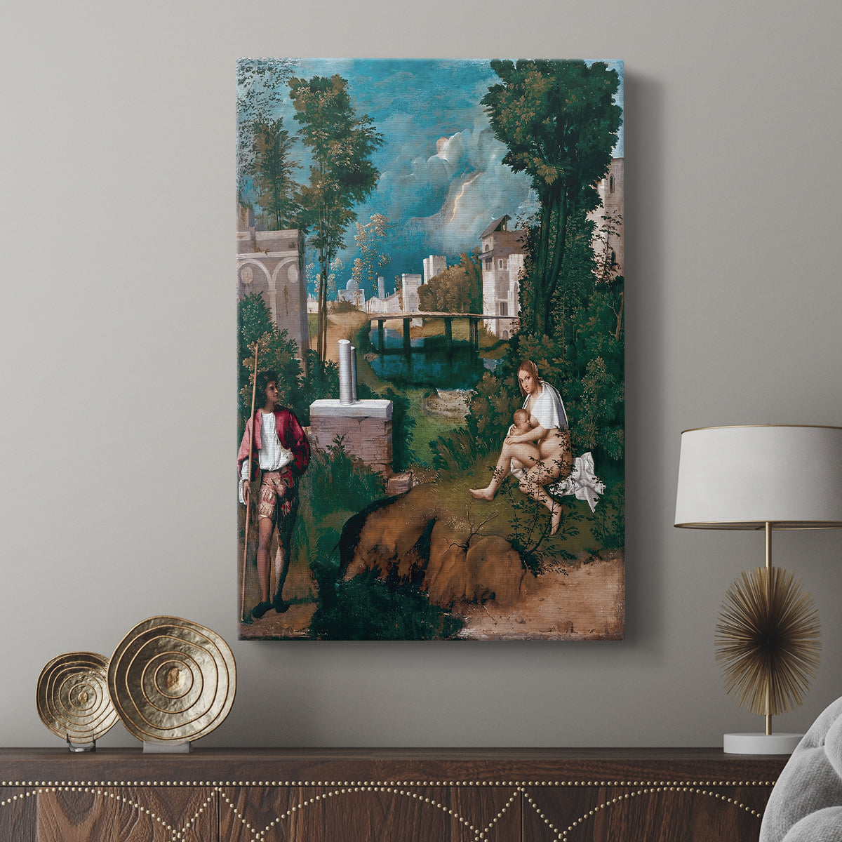 Canvas art print featuring a dramatic landscape with contrasting light and shadow displayed in a modern interior space.