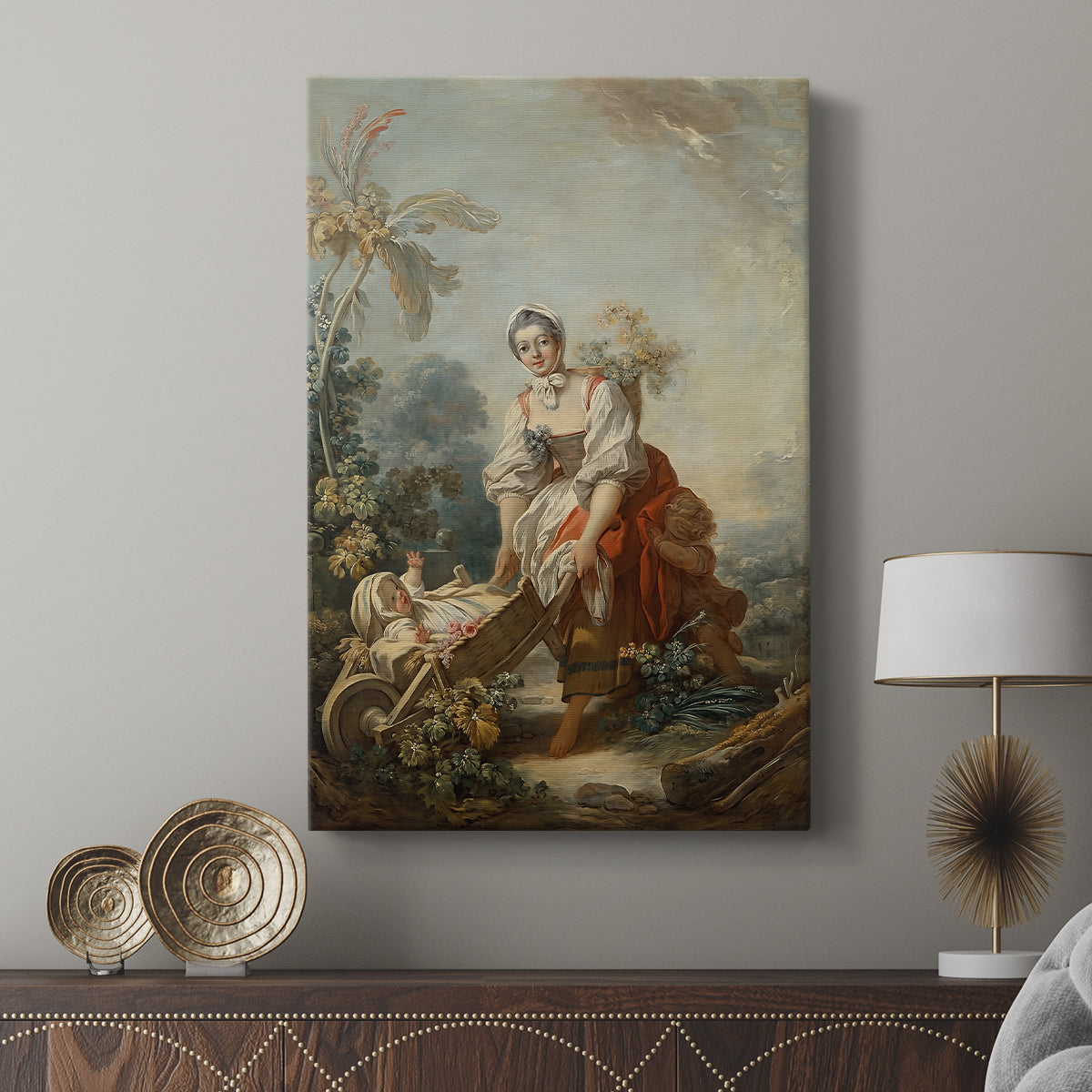 Canvas art print featuring a gentle interior moment with family interaction displayed in a modern interior space.