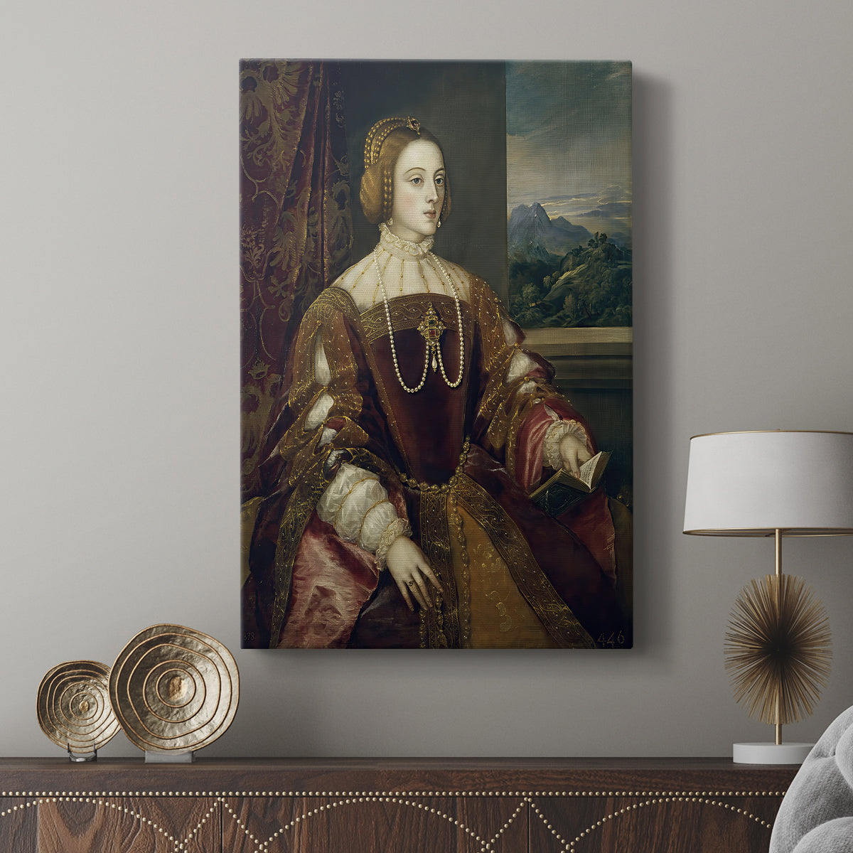 Canvas art print featuring a composed portrait with gentle shading and elegance displayed in a modern interior space.