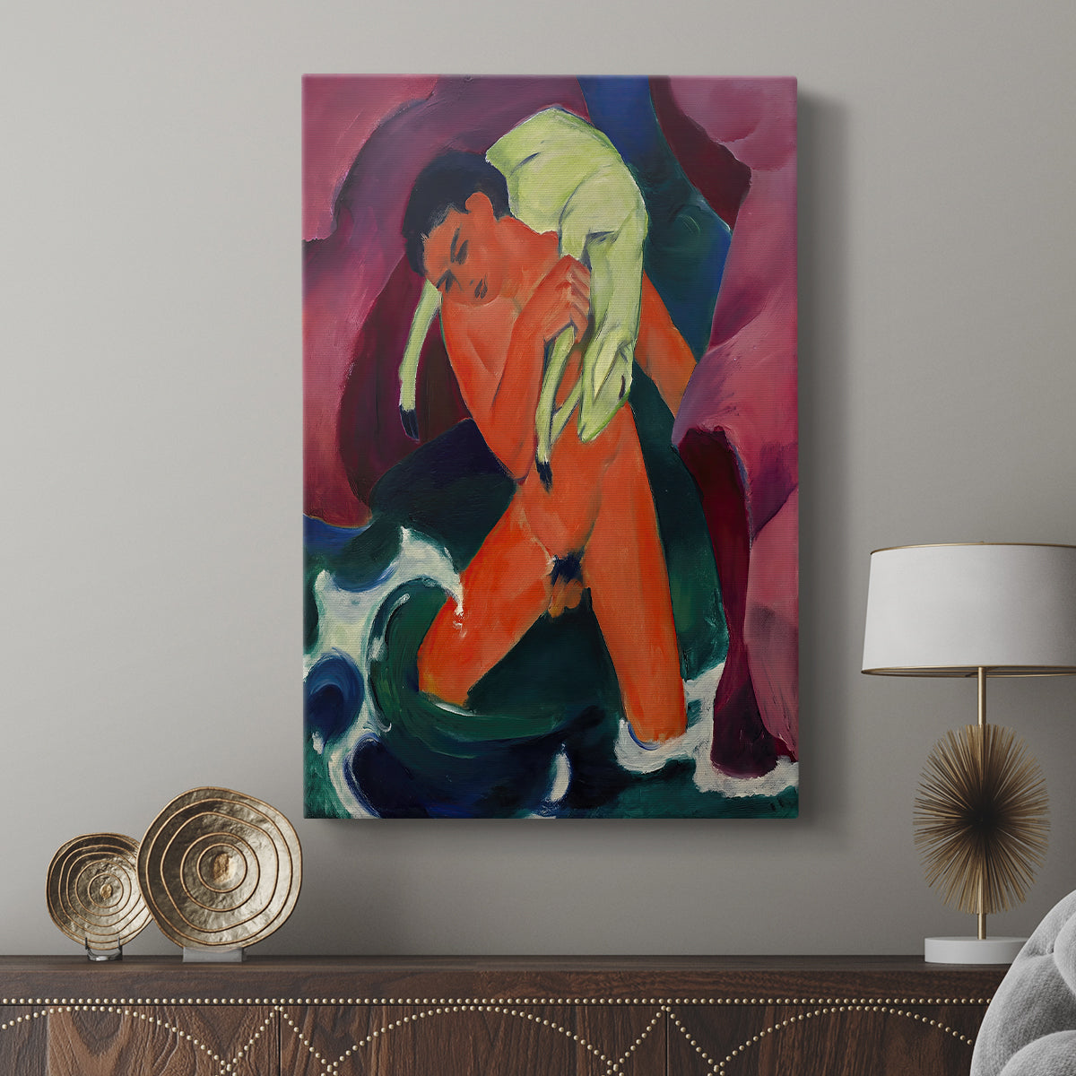 Canvas art print featuring a modern composition with soft shapes and vivid color displayed in a modern interior space.