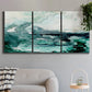 Three-panel canvas wall art featuring coastal abstract sea foam movement, displayed in a modern living room above a sofa.
