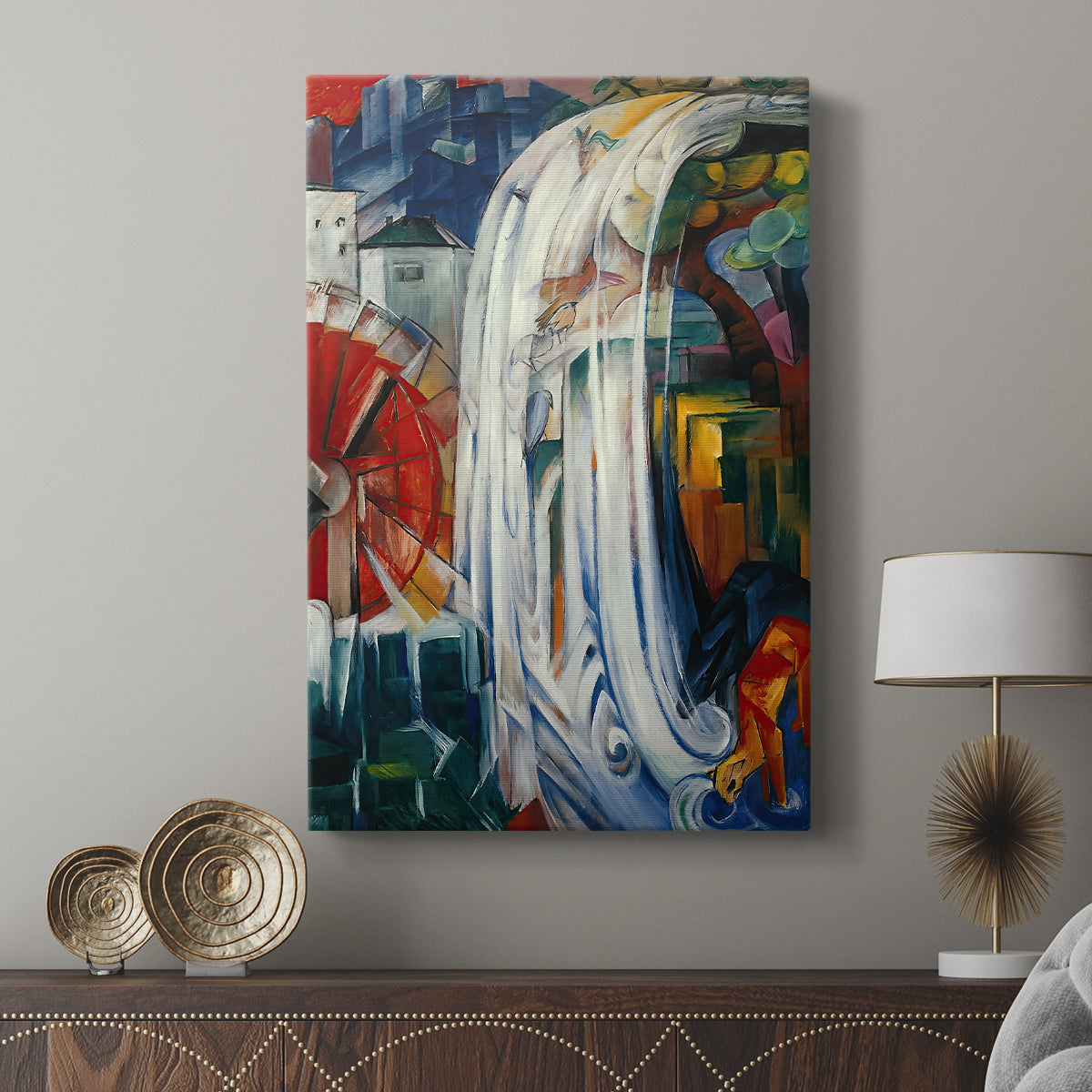 Canvas art print featuring a stylized scene with bold shapes and shifting perspective displayed in a modern interior space.