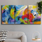 Three-panel canvas wall art featuring colorful abstract racing forms, displayed in a modern living room above a sofa.