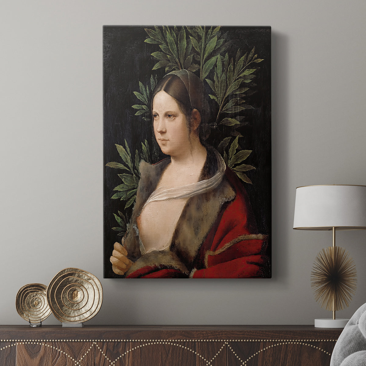 Canvas art print featuring a classical portrait with subtle light and detailed rendering displayed in a modern interior space.