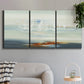 Three-panel canvas wall art featuring nautical abstract suggesting drifting calm, displayed in a modern living room above a sofa.