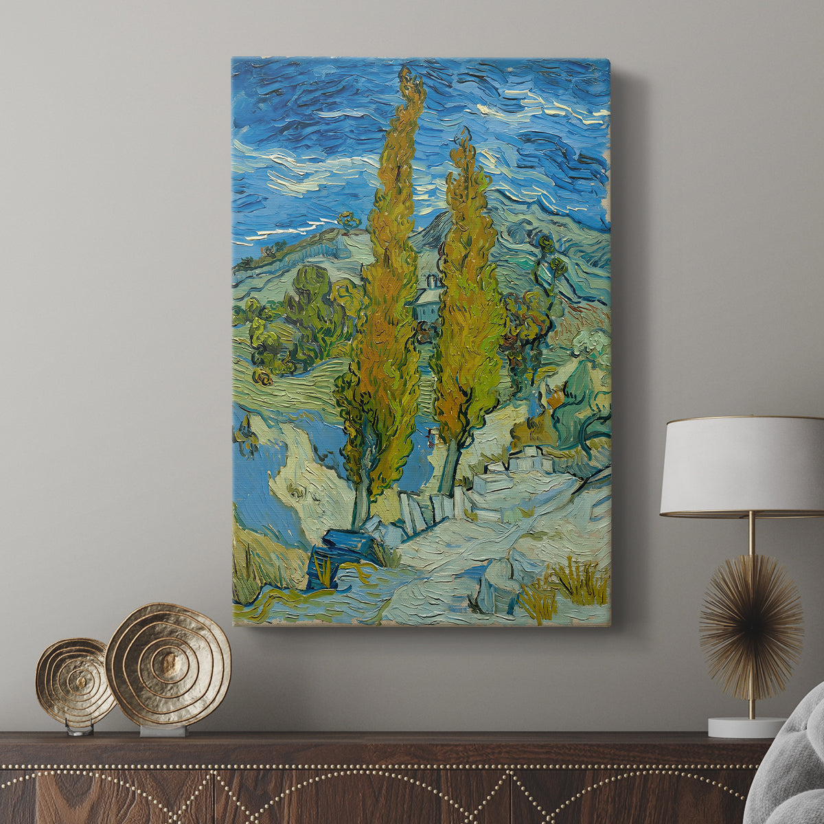 Canvas art print featuring a dynamic composition with textured strokes and contrast displayed in a modern interior space.