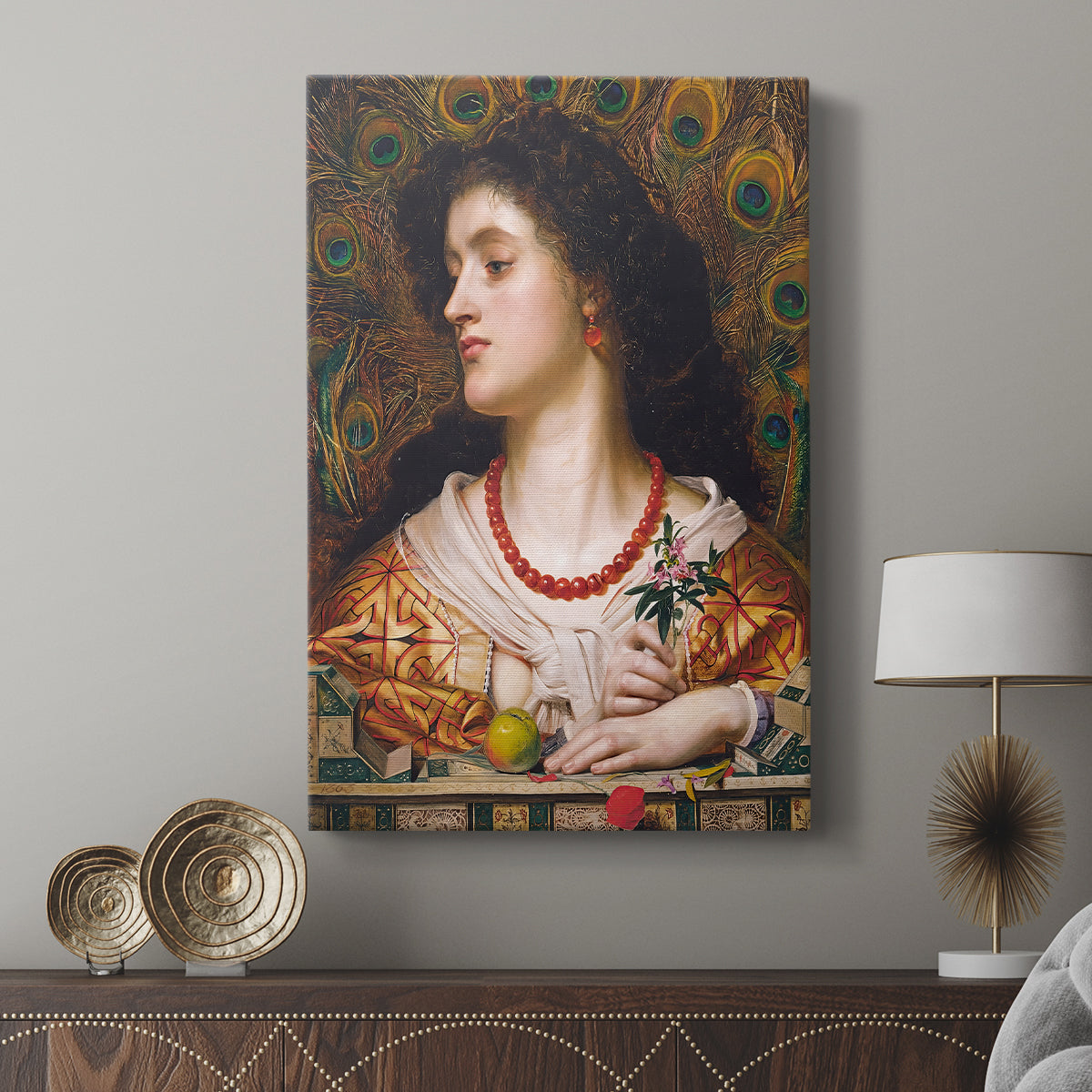 Canvas art print featuring a detailed portrait with intricate patterns and warm tones displayed in a modern interior space.