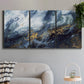Three-panel canvas wall art featuring soft abstract landscape anticipation tones, displayed in a modern living room above a sofa.