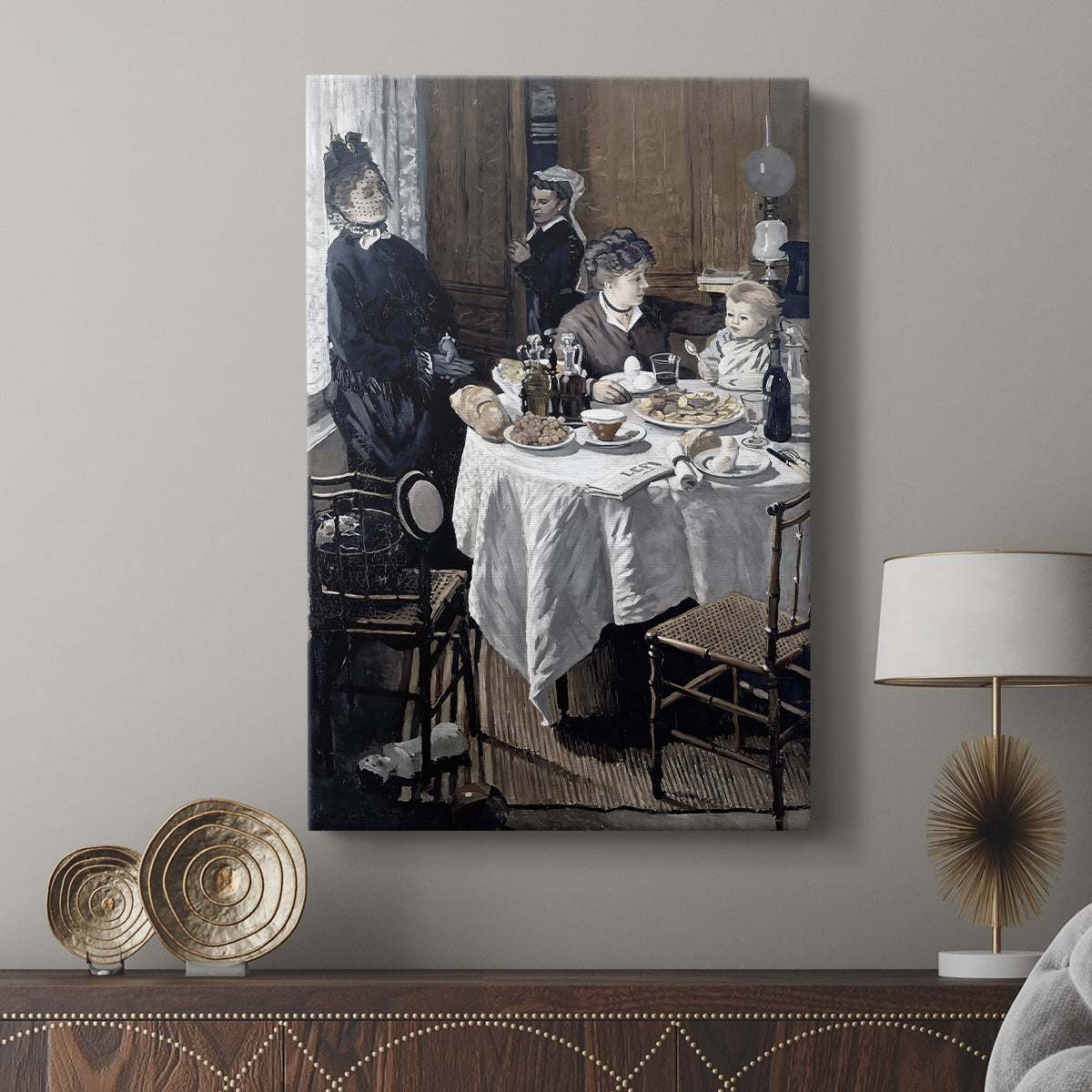 Canvas art print featuring a social setting with figures and subtle detail displayed in a modern interior space.