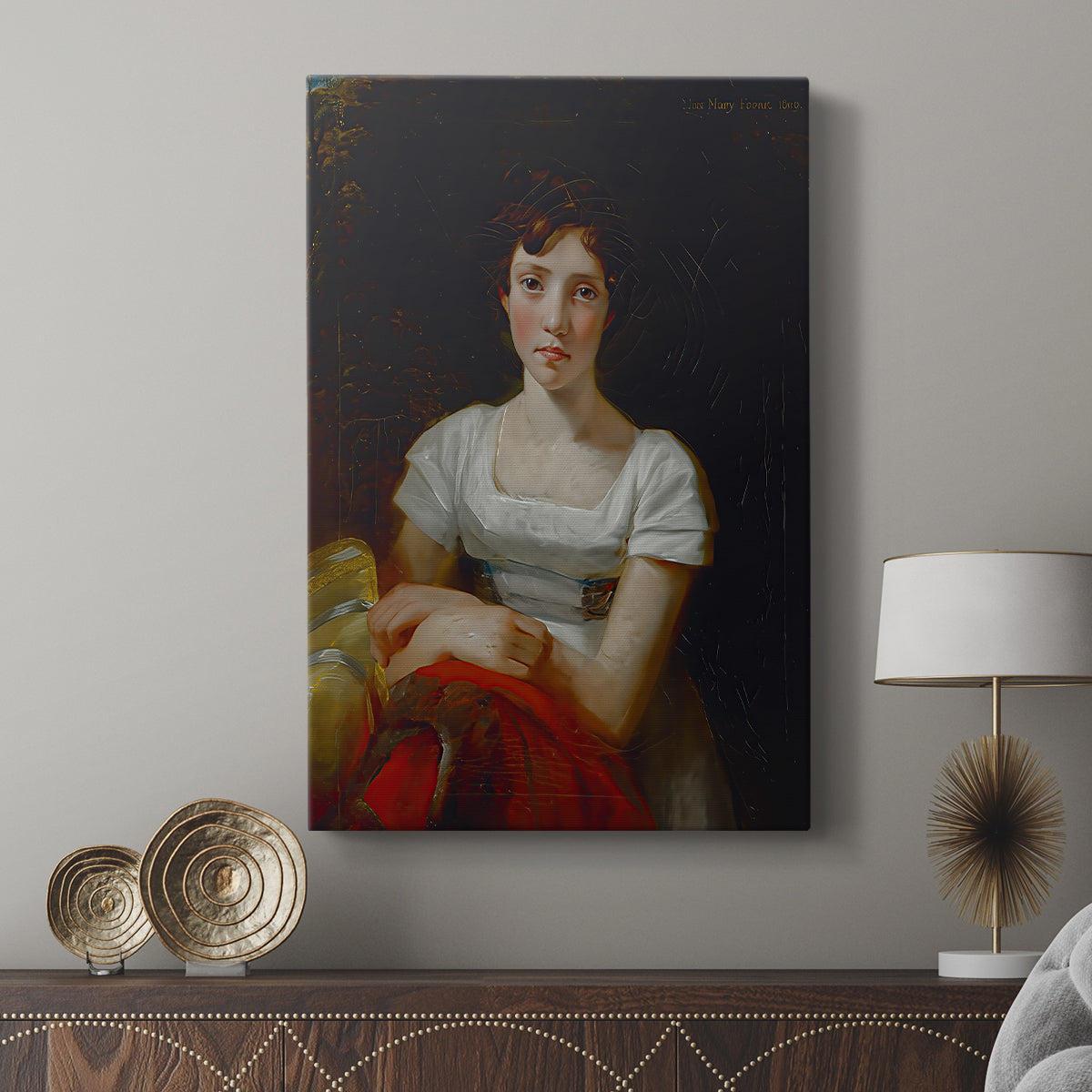 Canvas art print featuring a calm portrait with natural tones and smooth texture displayed in a modern interior space.
