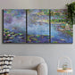 Three-panel canvas wall art featuring water lilies emerging through mist, displayed in a modern living room above a sofa.