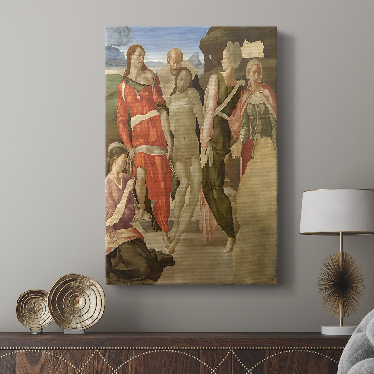 Canvas art print featuring a classical scene with balanced form and gentle contrast displayed in a modern interior space.