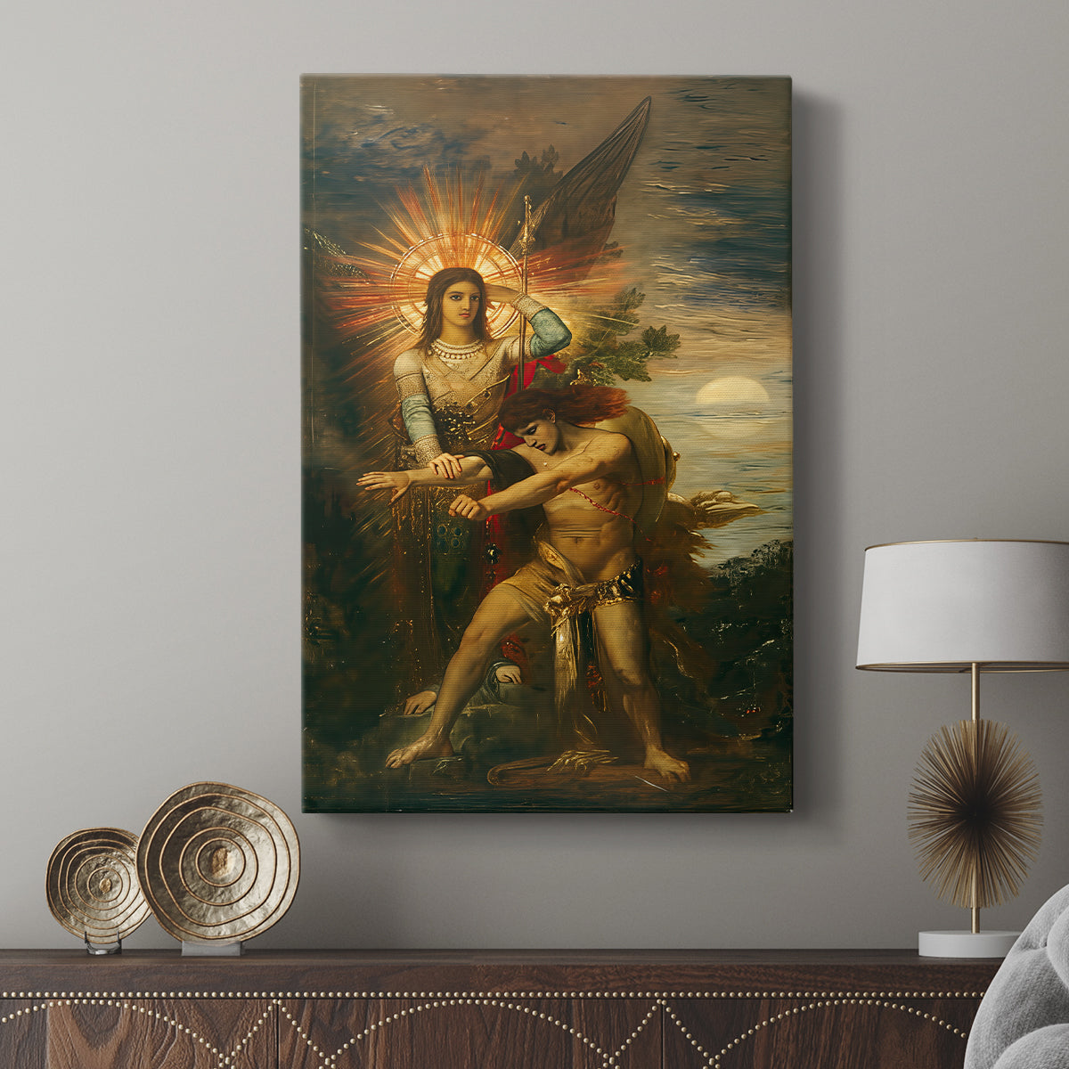 Canvas art print featuring a dynamic scene with intertwined forms and tension displayed in a modern interior space.