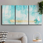 Three-panel canvas wall art featuring saturated abstract color fields, displayed in a modern living room above a sofa.