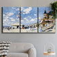 Three-panel canvas wall art featuring beach boardwalk with figures, displayed in a modern living room above a sofa.